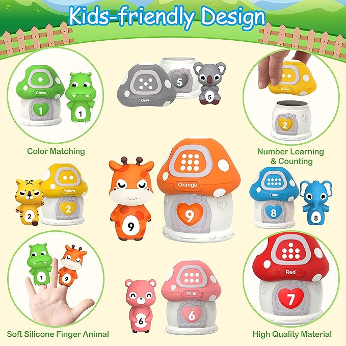 20PCS Farm Animal Toys Toddler Toys Age 1-2 2-4, Montessori Toys for 1 Year Old Finger Puppets Mushroom House Learning Stacking Toys 2