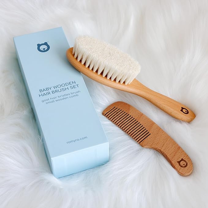 Wooden Hair Brush & Comb Set for Newborns & Toddlers - Ultra Soft Natural Goat Hair and Wood - Chic Gift Box (Oval Brush + Comb)