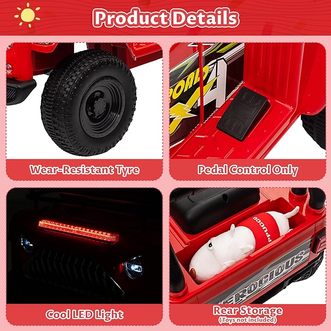 Hetoy 6V Ride On Car for Toddlers - Battery Powered Electric Car for Kids with Music, LED Light 4 Wheels 3-6 Years,