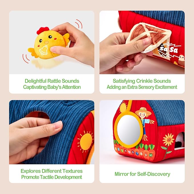 hahaland Baby Toys 6-12 Months - Surprise Barn with Stuffed Farm Animals, Rattle 1-3