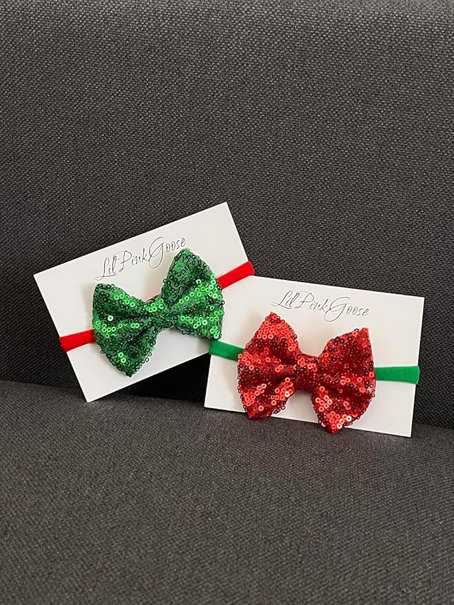 Baby Girls Neon Glitter Sequins Bow Headbands for Newborn to 1 Year Up Toddlers (Green,Red 2 Count 1))