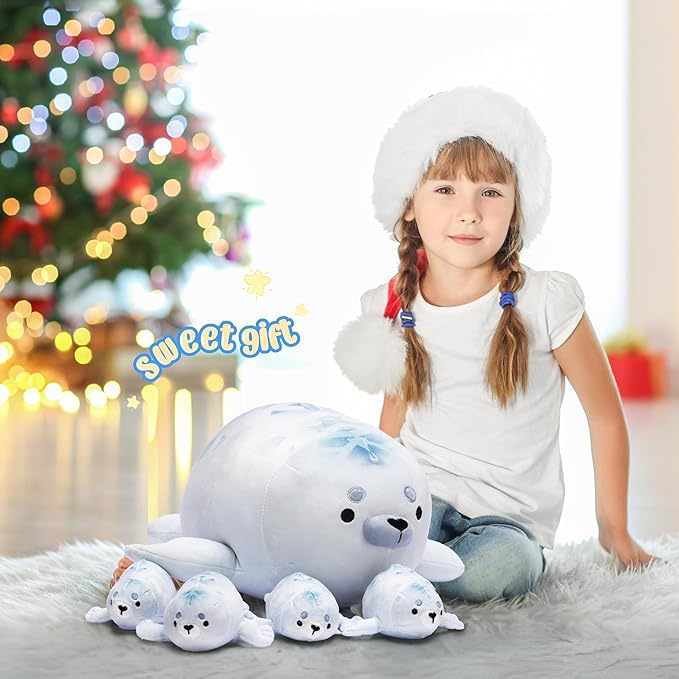 IKASA Mommy Seal Stuffed Animal Mom and Baby Plush Toy, Cute 16" Soft Small Mama Family Set Cuddly Toy with Little Mini Babies
