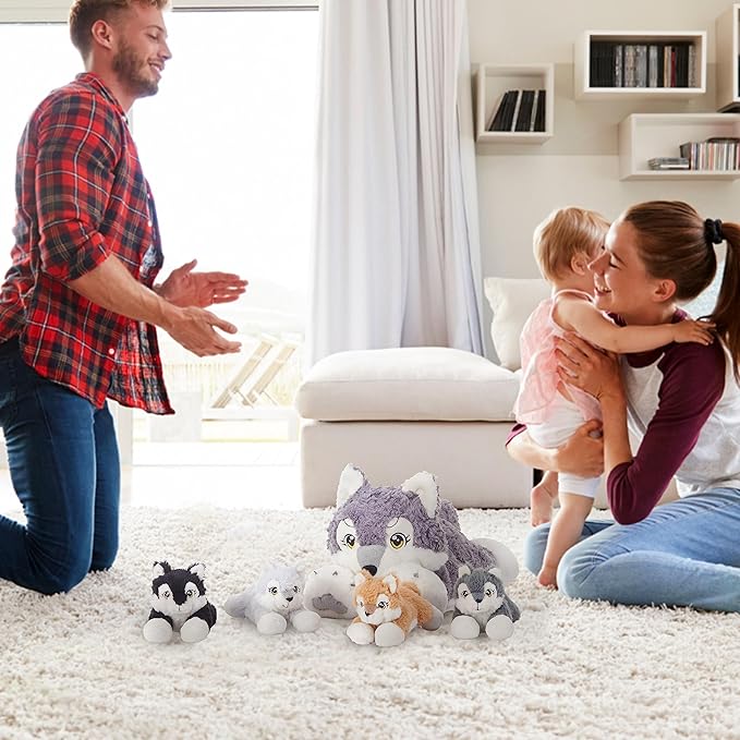 IKASA Mommy Wolf Stuffed Animal Mom and Baby Plush Toy, Cute 18" Soft Small Fluffly Mama Family Set Toy with Little Mini Babies