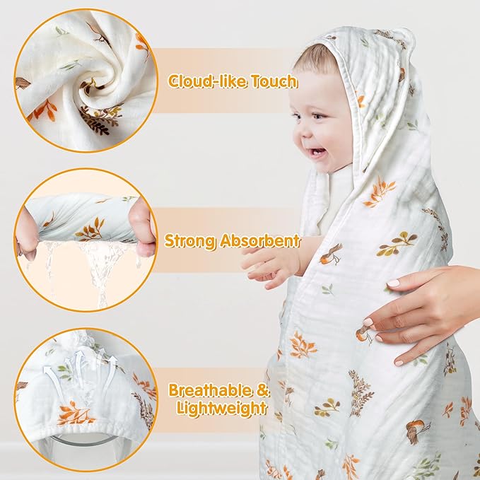 Zainpe 4Pcs Muslin Baby Hooded Towel & Washcloth Set Leaves 31.5 x 31.5 in