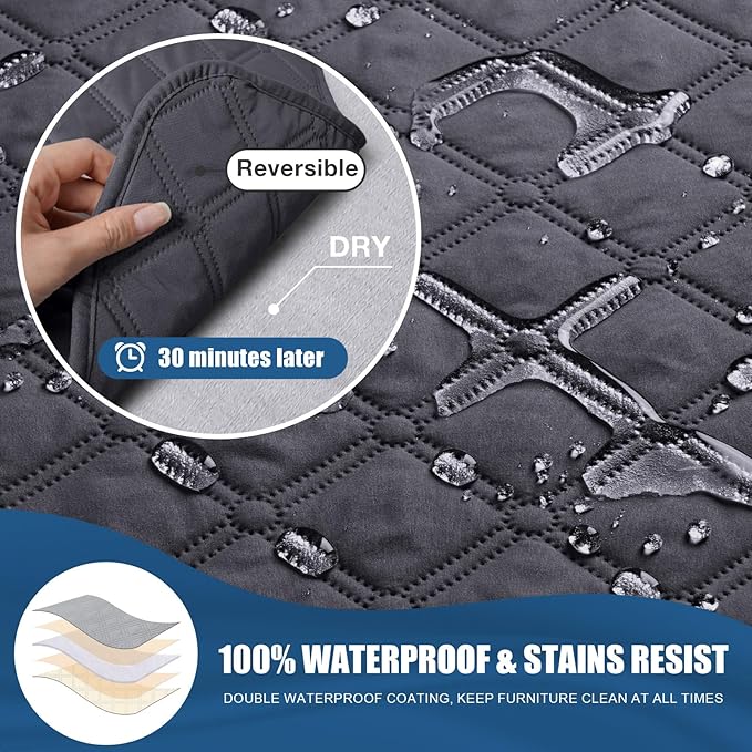 TAOCOCO 100% Waterproof Recliner Covers, Recliner Sofa Covers with Leg Straps, Reversible Recliner Couch Cover for Reclining Chair, Washable Couch Protector for Pets Kids(3 Seater, Charcoal Gray)