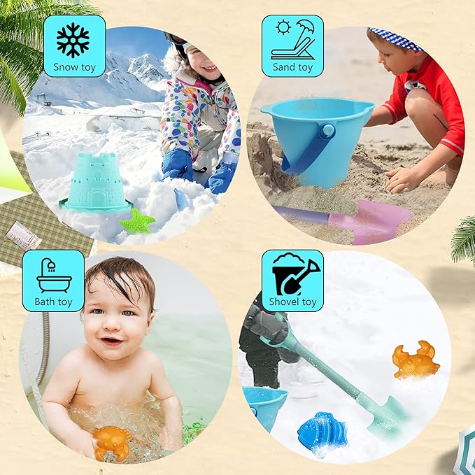 IOKUKI Long Shovels Sand Toys Set with Mesh Bag Including Dump Truck, Beach Buckets (15 PCS) 3+