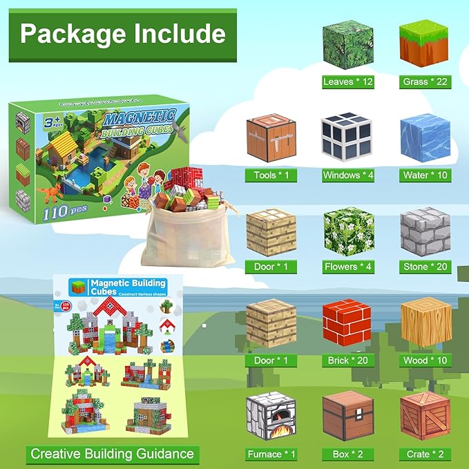Magnetic Blocks-Build 110PCS Toys for Boys & Girls Age 6 7 8 9 10, Stacking Building Toys for Toddlers Fidget Cubes Sensory Toy for Kids(Jungle)