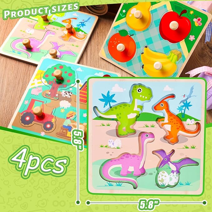 LovesTown 4PCS Wooden Peg Puzzles, Knob Puzzles with Handles Puzzles