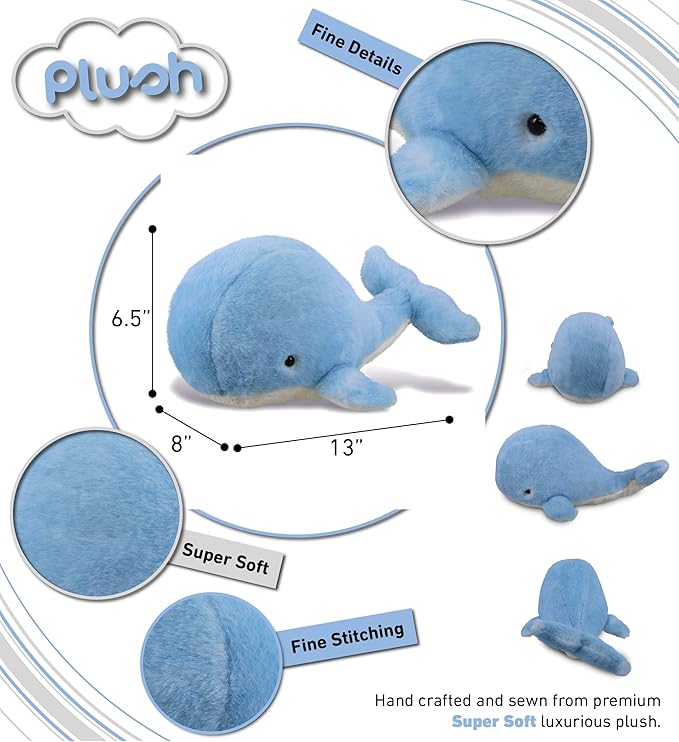 DolliBu Plush Whale Stuffed Animal - Soft Huggable Blue Whale, Adorable Playtime Whale Plush Toy 13 Inches