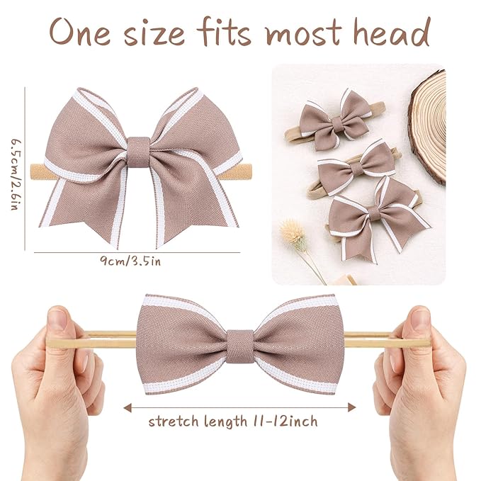 4" Baby Bows, 3pcs Elastic Nylon Headbands Handmade Newborn Bows