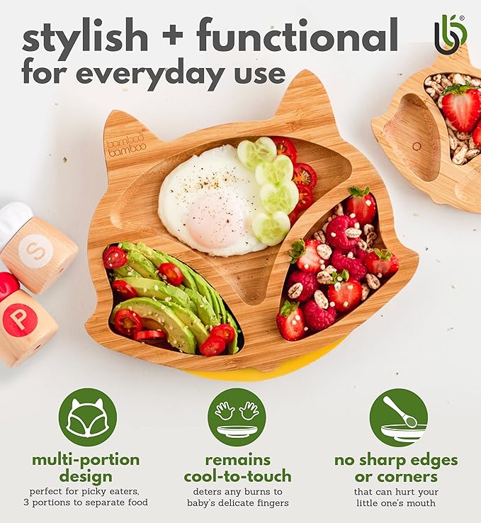 Bamboo Baby Plate with Suction - Kids and Toddler Suction Cup Plate for Babies, Non-toxic All-Natural Bamboo Baby Food Plate Stays Cool to the Touch for Baby-Led Weaning (Fox-Green)