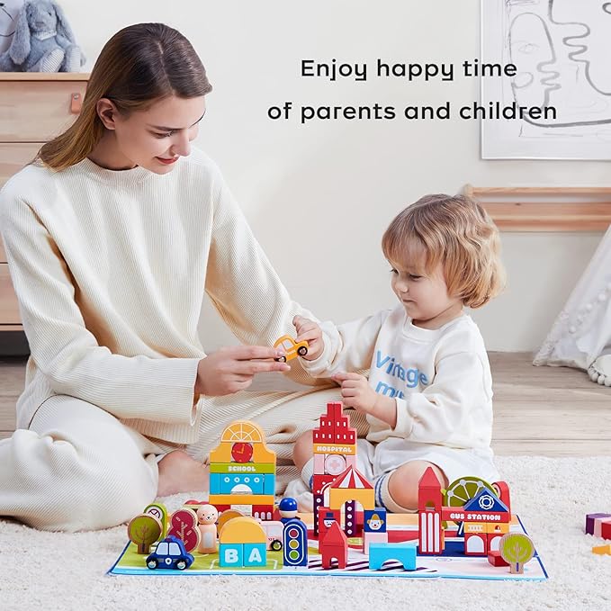 bc babycare 128 Pcs Wooden Building Blocks for Toddlers 1-3, Educational Wooden Toys with Block City