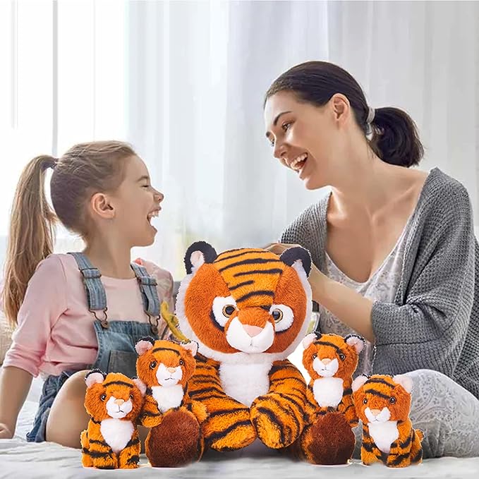 IKASA Mommy Tiger Stuffed Animal Mom and Baby Plush Toy,Cute 11” Soft Small Fluffy Mama Tiger Family Set Cuddly Huggable Toy with Little Mini Babies