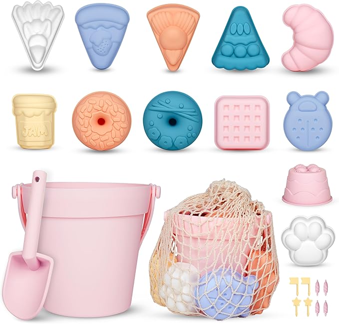 ISSEVE 23Pcs Beach Toys Set for Kids Toddlers Girls, Silicone Sand Toys Include Sand Bucket 12 Sand 3-12 (Pink)