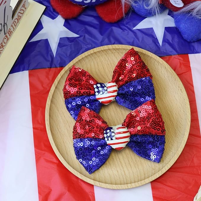 4th of July Sequins Hair Bows Clips Blue Glitter Alligator