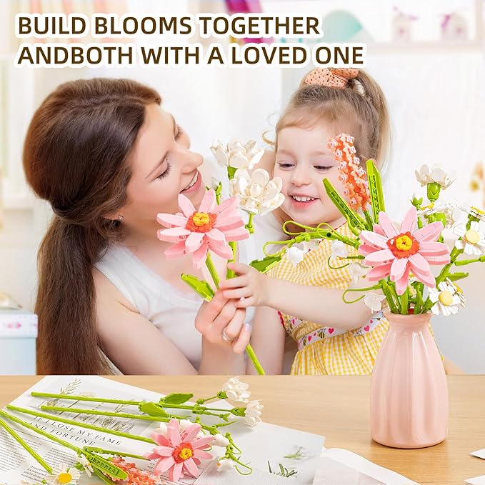 Flower Bouquet Building Blocks Set - Artificial Flowers with Gerbera for Home Decor, Unique Gift for Her or Him for Anniversary Valentine Birthday