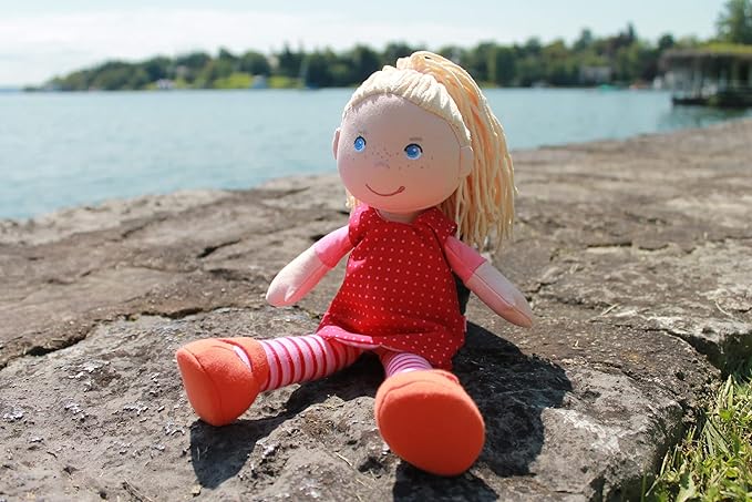 HABA 12" Soft Baby Doll Annelie with Blonde Hair, Embroidered Face, Removable Red Dress and Matching Hairband - Washable Toddler Doll for 18 Months+