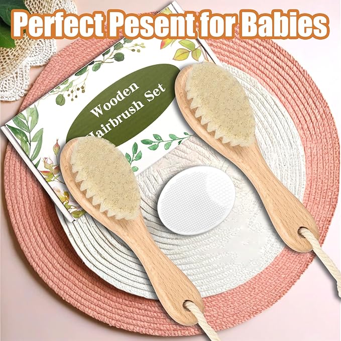 Wooden Baby Hair Brush and Comb Set, 2Pcs Natural Soft Goat Bristles Brush with Baby Shower Scrubber Perfect Scalp Grooming Product for Newborn, Toddler, Infant (White)