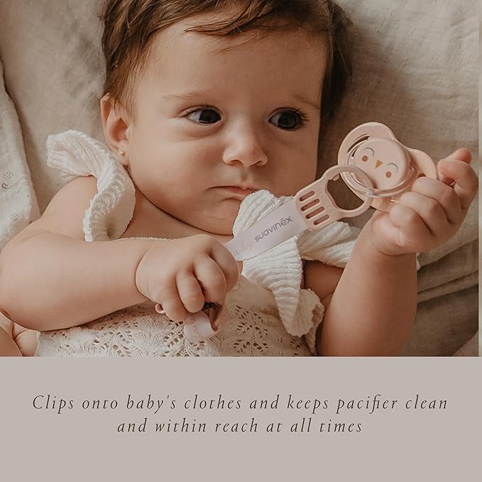 Suavinex Bonhomia Premium Baby Pacifier Clip with Ribbon, Stylish Binky Clips with Double Sided Design (0mo+), Beige