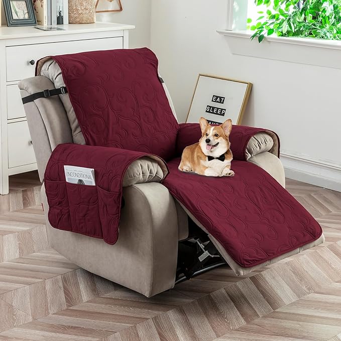 100% Waterproof Recliner Chair Cover, Recliner Chair Covers for Reclining Chair, Non-Slip Fabric Recliner Couch Cover for Living Room, for Pets Kids Protector, Washable (Wine Red, 23"Recliner Chair)