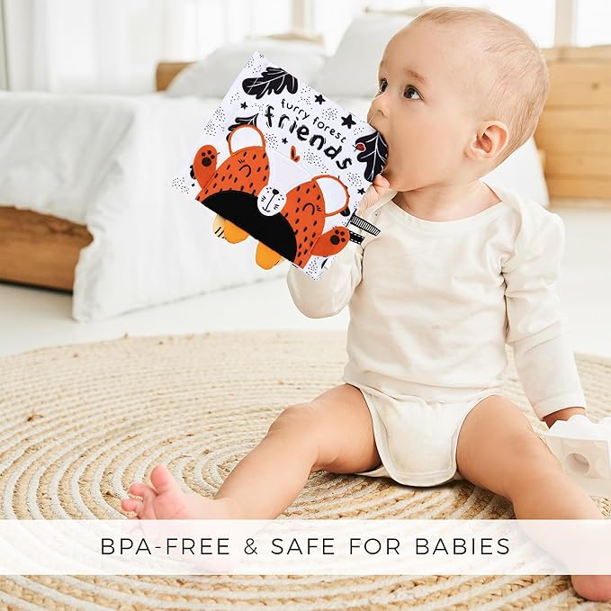 Soft Baby Book with Touch and Feel Pages - Cute Tummy Time Book for Babies 0-6 Months with Mirror & Crinkle Paper
