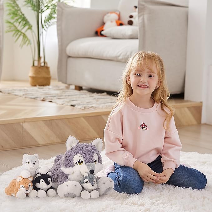 IKASA Mommy Wolf Stuffed Animal Mom and Baby Plush Toy, Cute 18" Soft Small Fluffly Mama Family Set Toy with Little Mini Babies