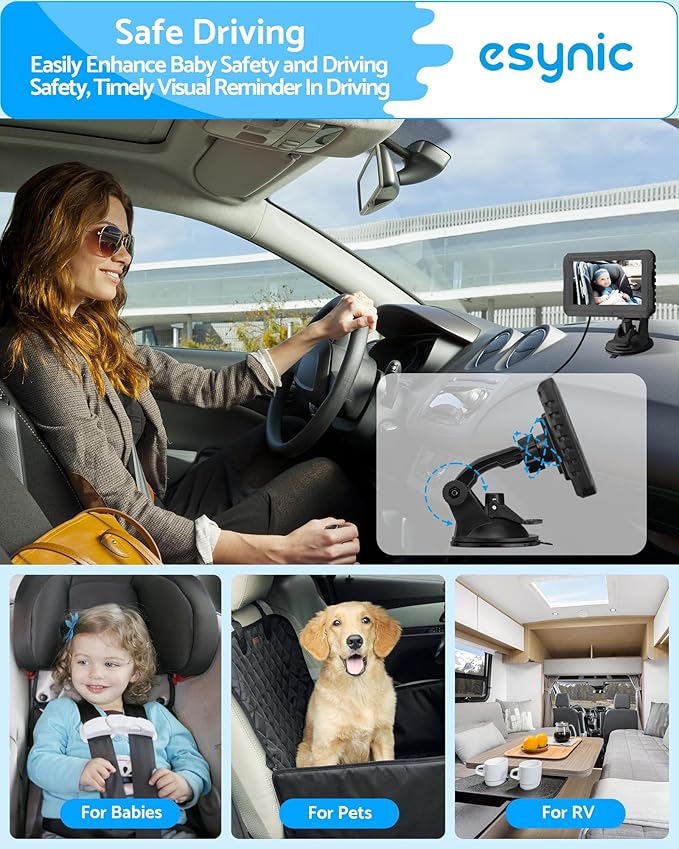 eSynic Baby Car Camera with 4.3 Inch Screen Backseat Baby Monitor 1080P HD Night Vision USB-Powered 360ยฐ Rotating Lens 150ยฐ Wide Angle 8 LEDs for Baby Car Seat Monitoring Driving Safety