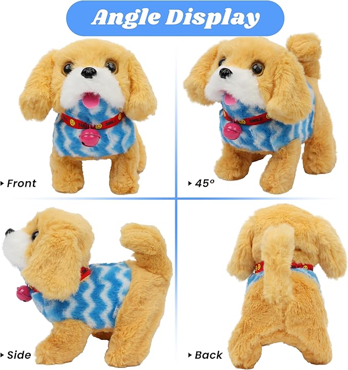 Hopearl Walking Dog Golden Retriever in Blue Vest Interactive Electronic Pet Plush Toy Puppy Woof and Moving Animated Nodding Head Gift for Toddlers Birthday, Brown 7''