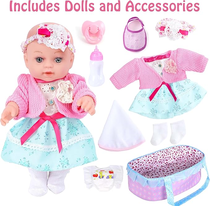 Realistic Baby Dolls 12 Inch Girl Baby Doll with Accessories and Clothes Includes Blanket,Carrier Bassinet Bed 3 Ages