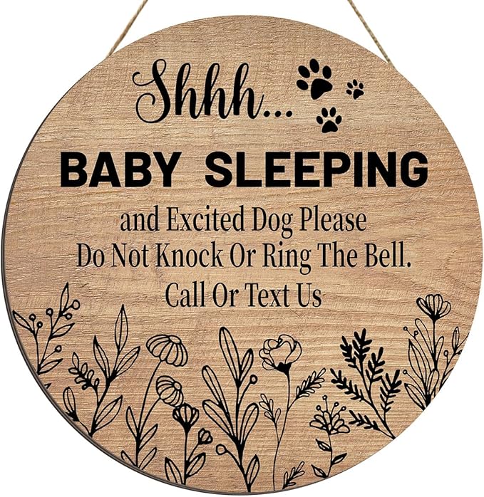 Pigort Funny Baby Sleeping Hanging Sign Plaque, Do Not Knock Or Ring The Bell (12x12inch) (Round-Brown)