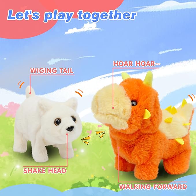 Hopearl Walking Dinosaur Interactive Electronic Pet Plush Toy Stegosaurus Roaring and Moving Animated Nodding Head Gifts for Toddlers Birthday, Orange 8''