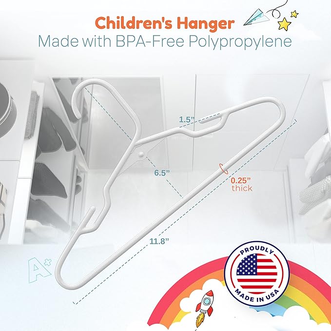 Made in USA Baby Hangers, Kids Hangers for Children's Clothes, Toddler Outfits and Clothing, 20 50 100 Pack Available, Kid Plastic Hanger for Closet and Nursery, Child Kid Hangars (20pk White)