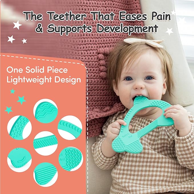Baby’s Aid Dolphin Silicone Baby Teether, Easy to Hold Teething Toy for Pain Relief 3+ Months, 8X Teething