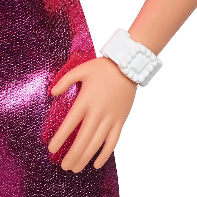Barbie Fashionistas Doll #230 with Blond Hair, Wearing Metallic Pink Minidress with Heart Cut-Out, White Bracelet and Heels