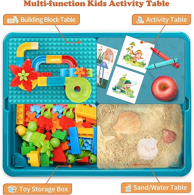 Double-Sided Kids Activity Table with Storage, 105pcs Large Marble Run Building Blocks Table 5-in-1 Multi 1 2 3 Year