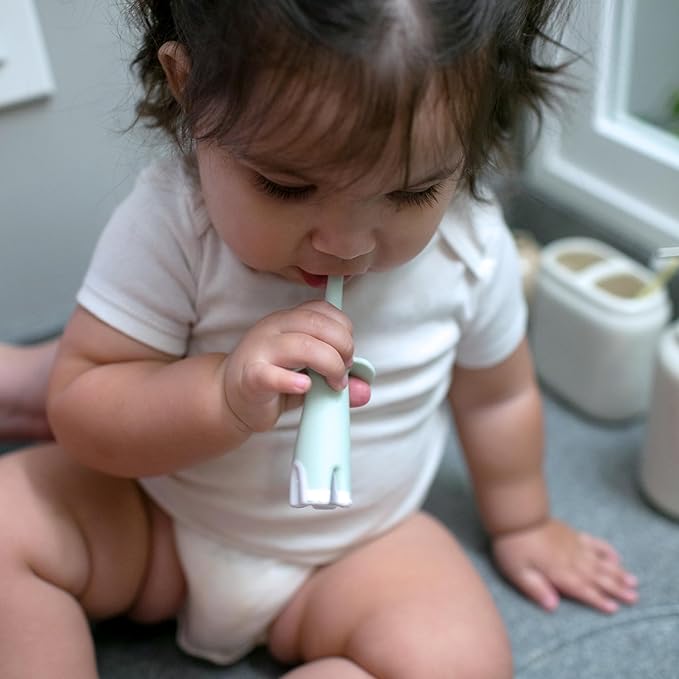 Dr. Brown's Infant-to-Toddler Training Toothbrush Set, Mint Elephant with Fluoride-Free Strawberry Baby Toothpaste, 0-3 Years (Styles May Vary)