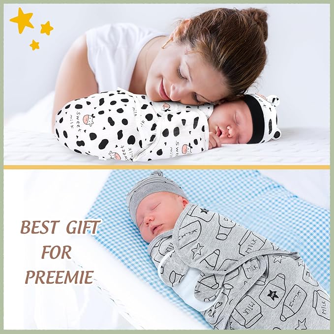 Buryeah 4 Pack Preemie Swaddle Blanket Wrap Set with Hat for Baby Boys Girls 3-7 Lbs Preemie Newborn Clothes Sleepers Cap