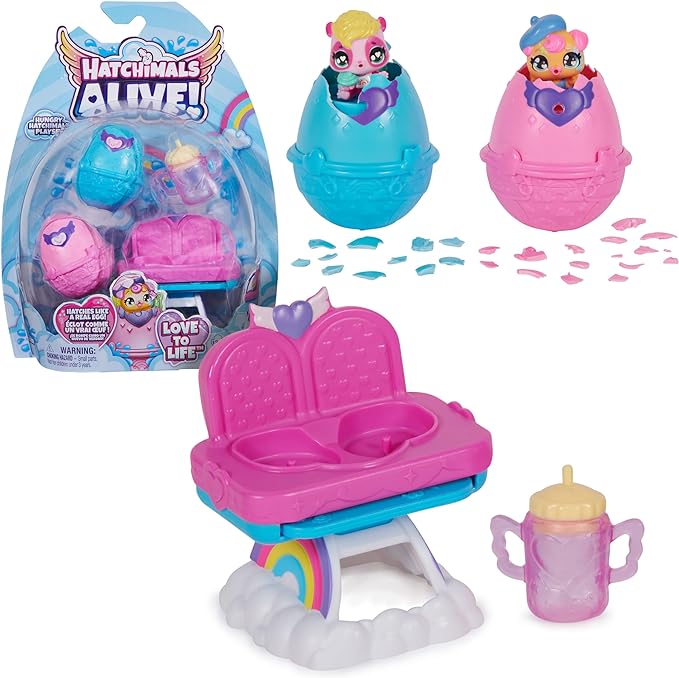 Hatchimals Alive, Hungry Hatchimals Playset with Highchair Toy and 2 Mini Figures in Self-Hatching Eggs 3 and