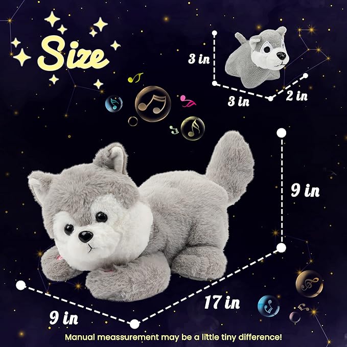 Hopearl LED Musical Stuffed Husky Lighting Up Singing Plush Toy Playset Mommy Dog with 3 Baby Puppies in her Tummy Lullaby Animated Soothe for Mom Toddler Girls, Gray 17''