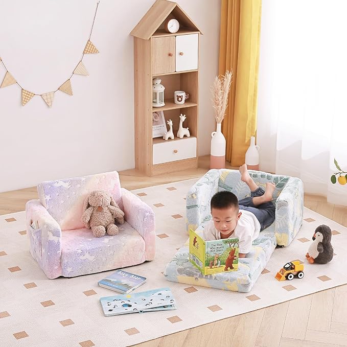 Tiita Kids Sofa, 2-in-1 Kids Sofa Chair, Convertible Toddler Couch to Lounger, Flip Out Baby Sofa Chair, Toddler Armrest Chair Bed, Folding Kids Play Sofa for Girl or Boy(Dark Grey Dinosaur)