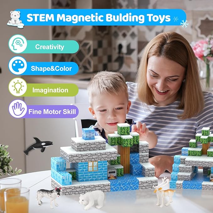 Magnetic Blocks 110PCS with 6 Animal Toys, Snow World Building Blocks Set, Toys for Boys & Girls Age 4-6,5-7,6-8, Stacking Building Toys for Toddlers & Kids 3+