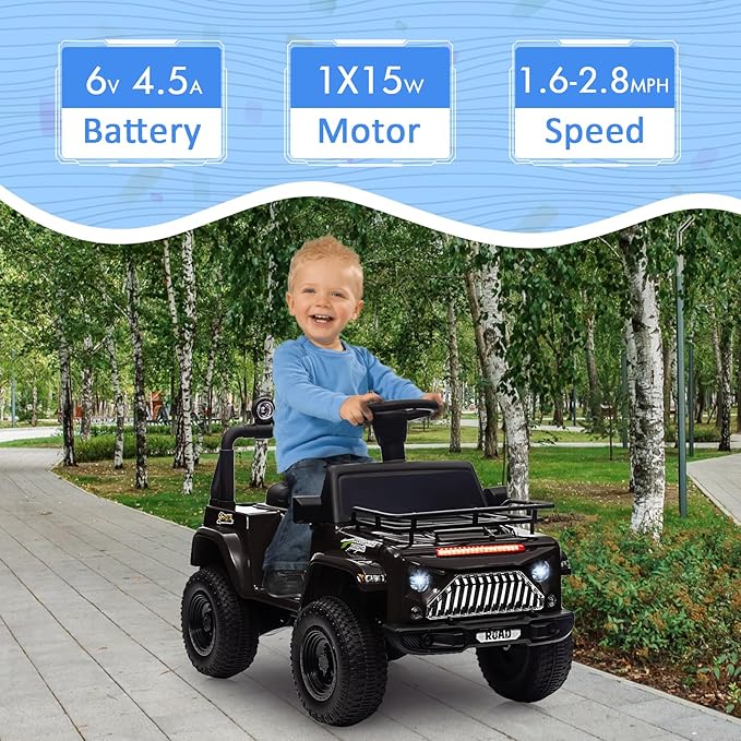 Hetoy 6V Ride On Car for Toddlers - Battery Powered Electric Car for Kids with Music, LED Light 4 Wheels 3-6 Years,