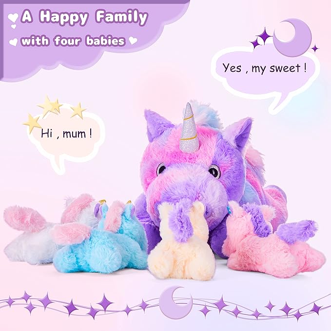 IKASA Mommy Unicorn Toys for Girls Age 4-6,Mom and Baby Stuffed Animal Plush Toy,Small Family Set Toy with Little Babies (Unicorn,18")