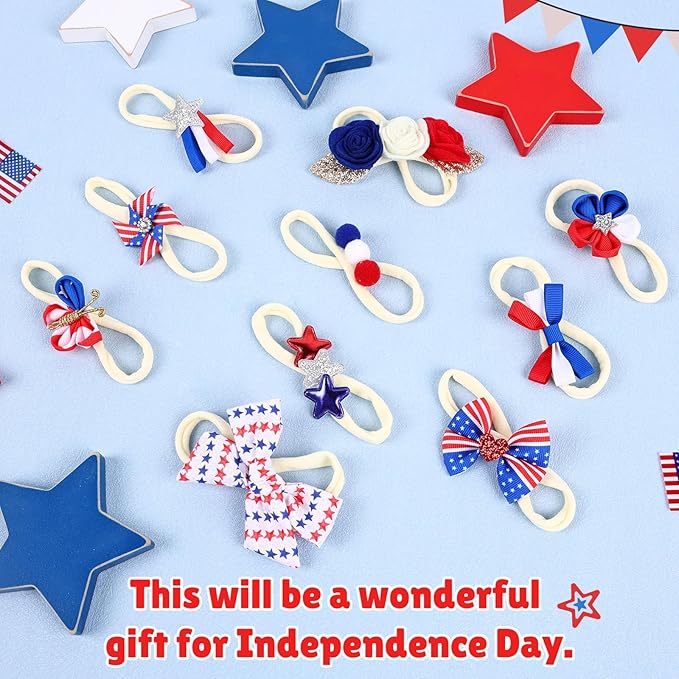 4th of July Baby Girl Bows, 10pcs America Flag Elastic Nylon Baby Headbands