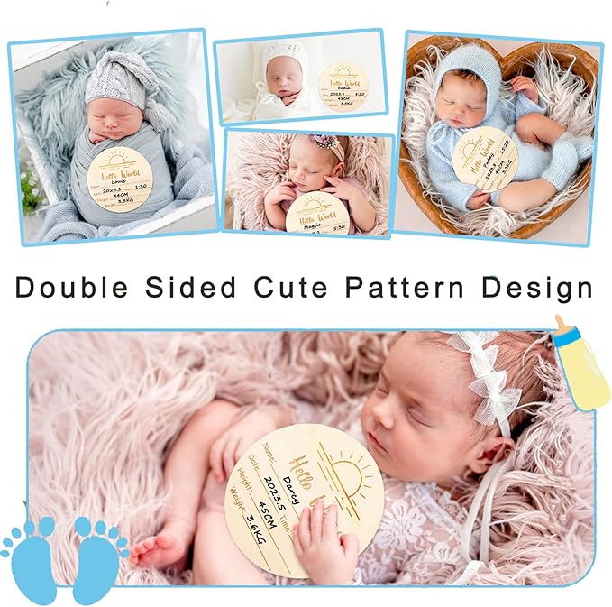 Hello World Baby Sign, 5.9" Baby Announcement Sign with Marker Pen-Not Bleed on Wood and Ink Pad 2 Sided