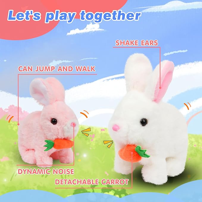 Hopearl Hopping Rabbit with Carrot Interactive Electronic Pet Plush Bunny Toy with Sounds and Movements Animated Walking Wiggle Ears Twitch Nose Gifts for Toddlers Birthday, White 7''
