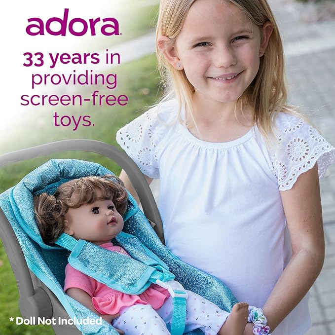 Adora Glam Sparkly & Glittery Aqua Car Seat Carrier, Baby Doll Car Seat That Fits up to 20" Dolls and Stuffed Animals 2+ -