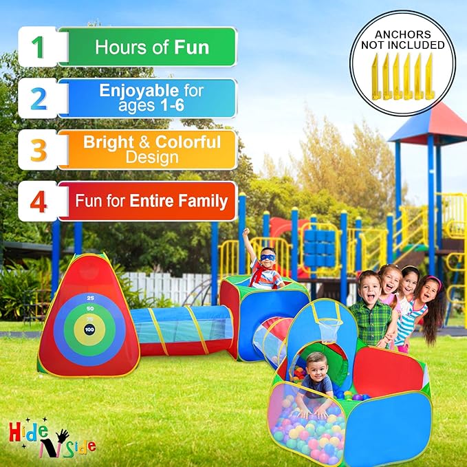 Hide N Side 5pc Kids Ball Pit Tents and Tunnels, Toddler Jungle Gym Play Tent with Play Crawl Tunnel Toy 4 Dart