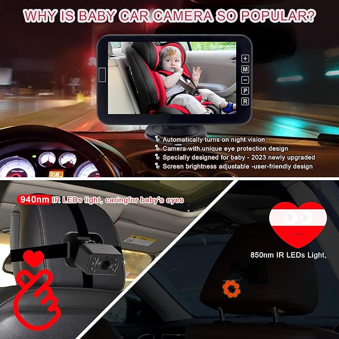 YIMU Baby Car Camera for Backseat: Rear-Facing Infant Back seat Camera Baby with HD 1080P, Easy Setup, Crystal-Clear Night Vision, and 360° Rotation(KB72 with USB Power Cord)