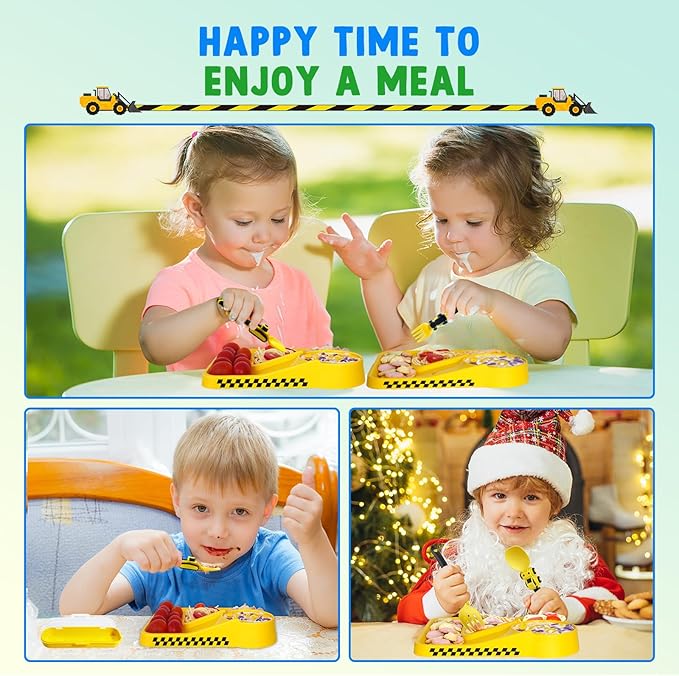 Construction Toddler Utensils - Reusable Plastic Toddler Fork and Spoon & Storage Case - Suitable for Kids Utensils Toys - Used for Toddler Gifts - Birthday Gifts for 1 2 3 4 5 6 7 year old